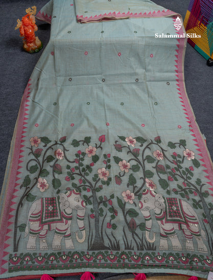 Beautiful Dual Tone Light Blue Menakari Work Muga Cotton Saree With Contrast Maroon Blouse
