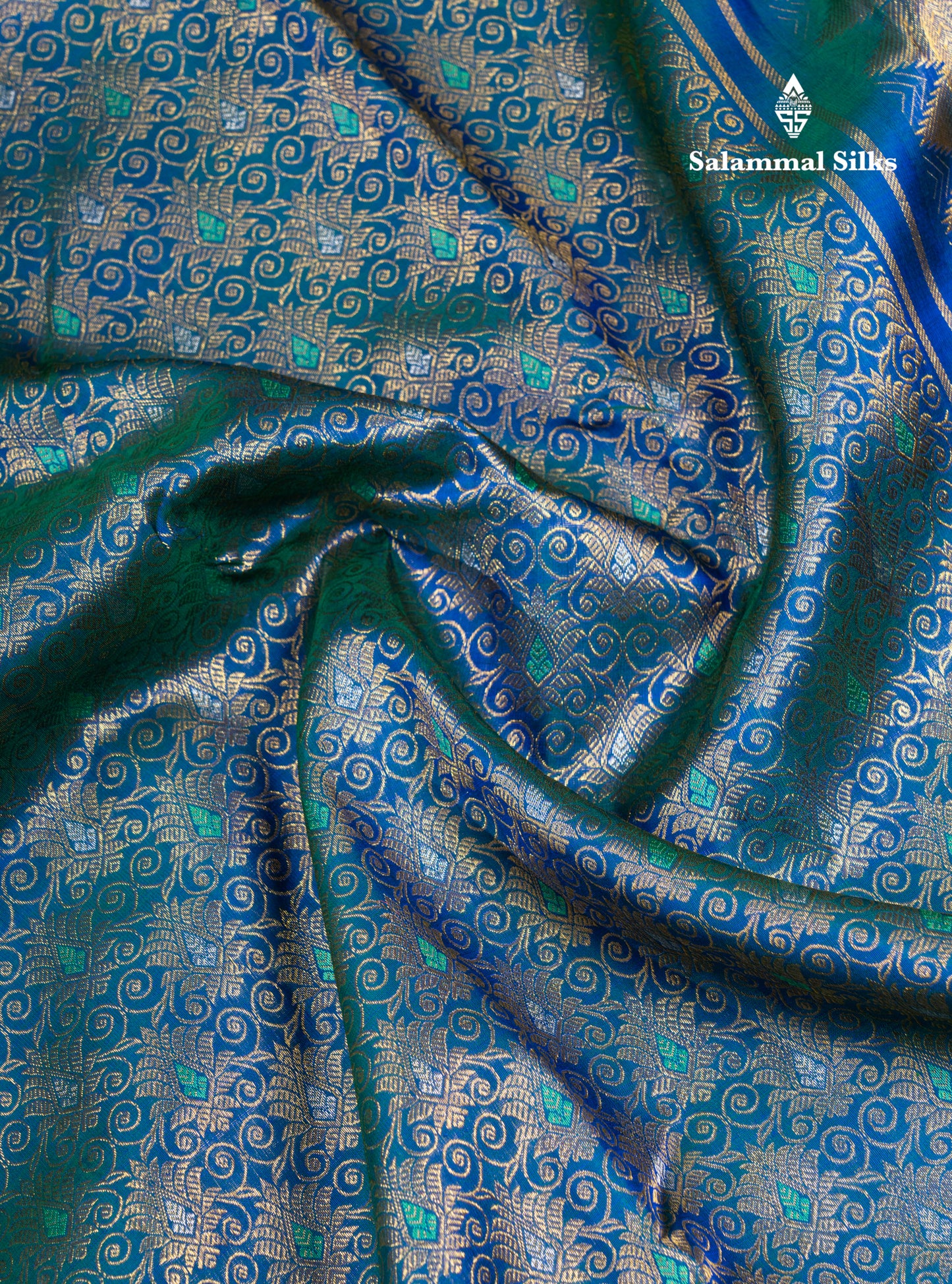 Dual Tone Peacock Blue Menakari Work Bridal Pure Kanjivaram Silk Saree With Traditional Border