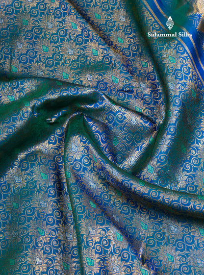 Dual Tone Peacock Blue Menakari Work Bridal Pure Kanjivaram Silk Saree With Traditional Border