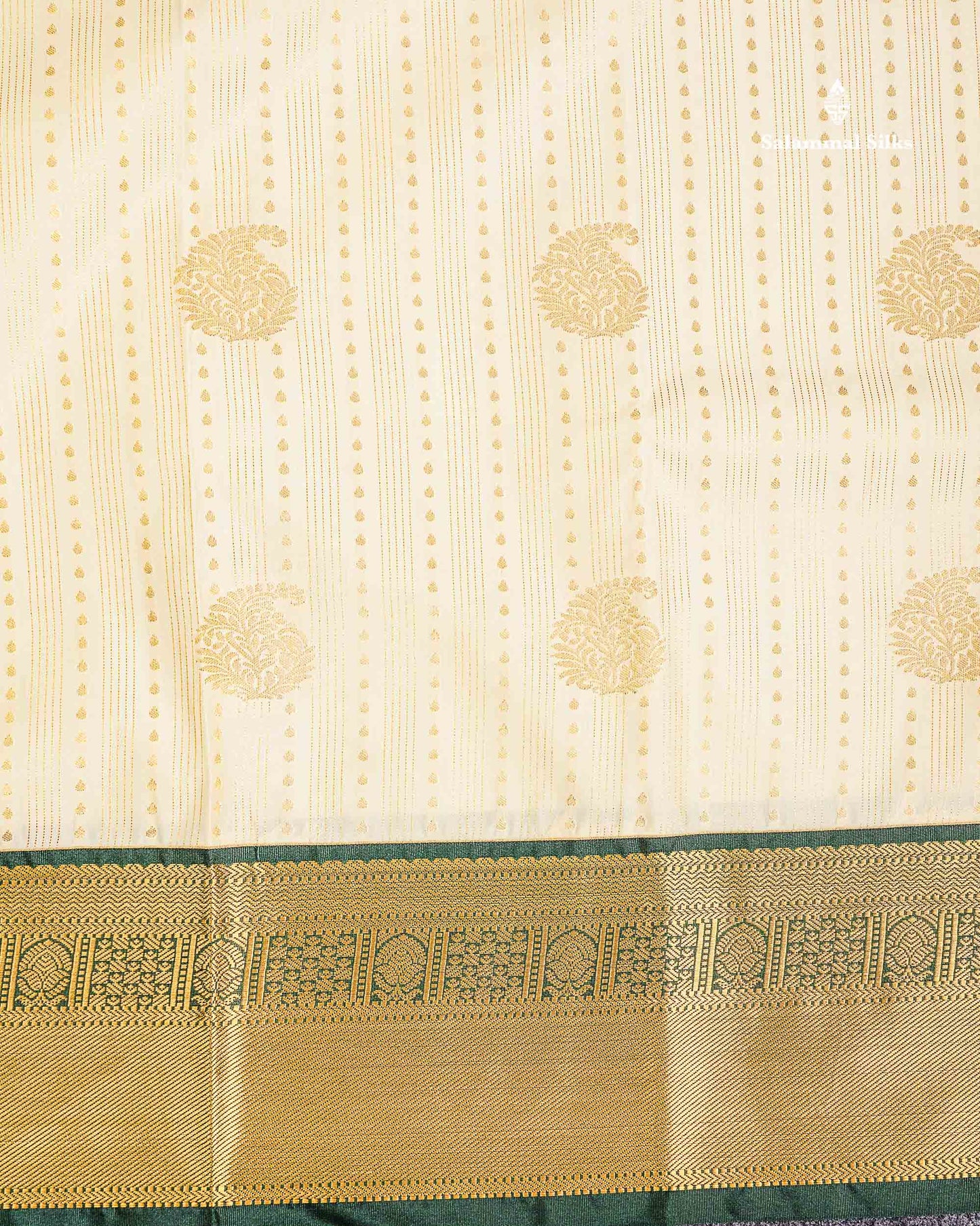 Semi Silk Saree - Bottle Green Butta With Lines Along With Contrast Mustard Yellow Traditional Border
