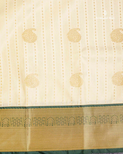 Semi Silk Saree - Bottle Green Butta With Lines Along With Contrast Mustard Yellow Traditional Border