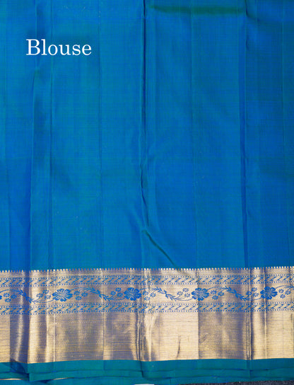 Dual Tone Peacock Blue Menakari Work Bridal Pure Kanjivaram Silk Saree With Traditional Border