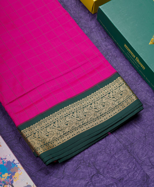 9 Yards Semi Silk Saree Pink Checks With Contrast Bottle Green Border