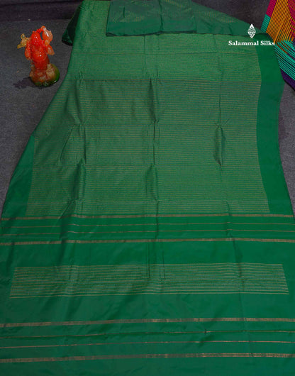 Semi Silk Saree - Bottle Green Colour Body Copper & Silver Zari Vertical Lines With Blouse