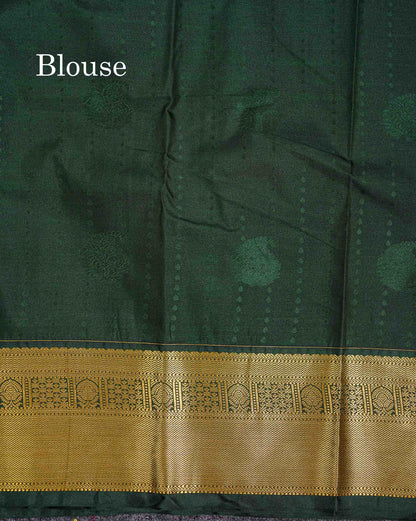 Semi Silk Saree - Bottle Green Butta With Lines Along With Contrast Mustard Yellow Traditional Border