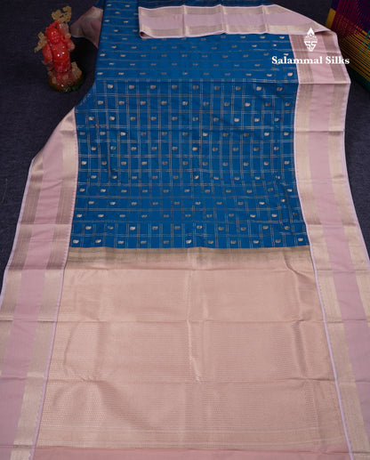 Beautiful Ramar Blue Checks With Butta Semi Silk Saree With Contrast Light Pink Traditional Rettapet Border