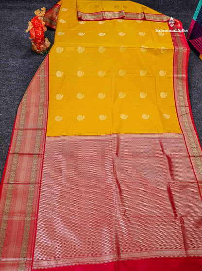 Semi Silk Saree - Mustard Yellow Mango Butta With Lines Along With Contrast Red Traditional Evening Morning Border