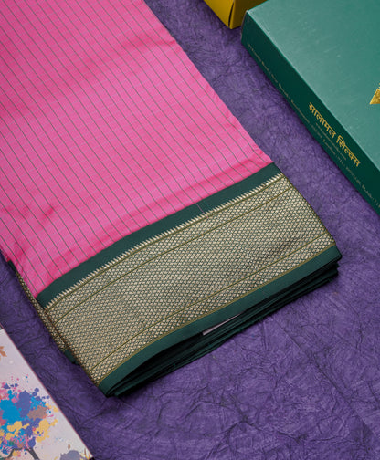 9 Yards Semi Silk Saree Pink Small Checks with Contrast Bottle Green Border