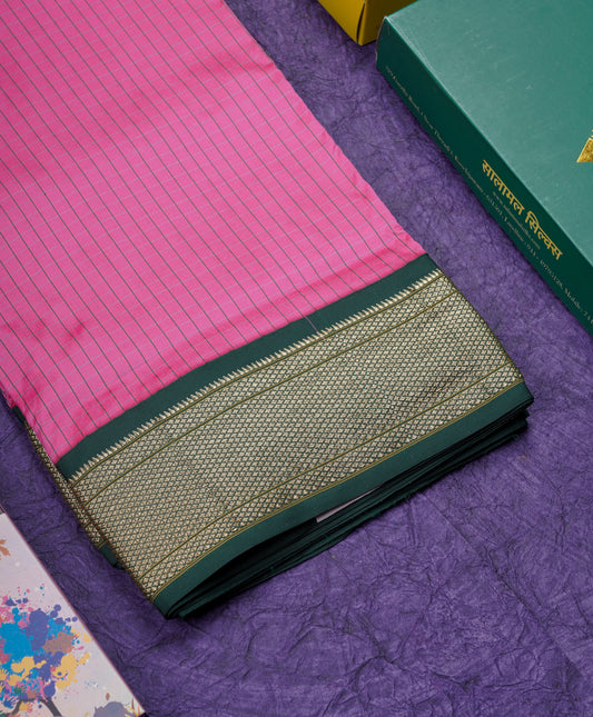 9 Yards Semi Silk Saree Pink Small Checks with Contrast Bottle Green Border
