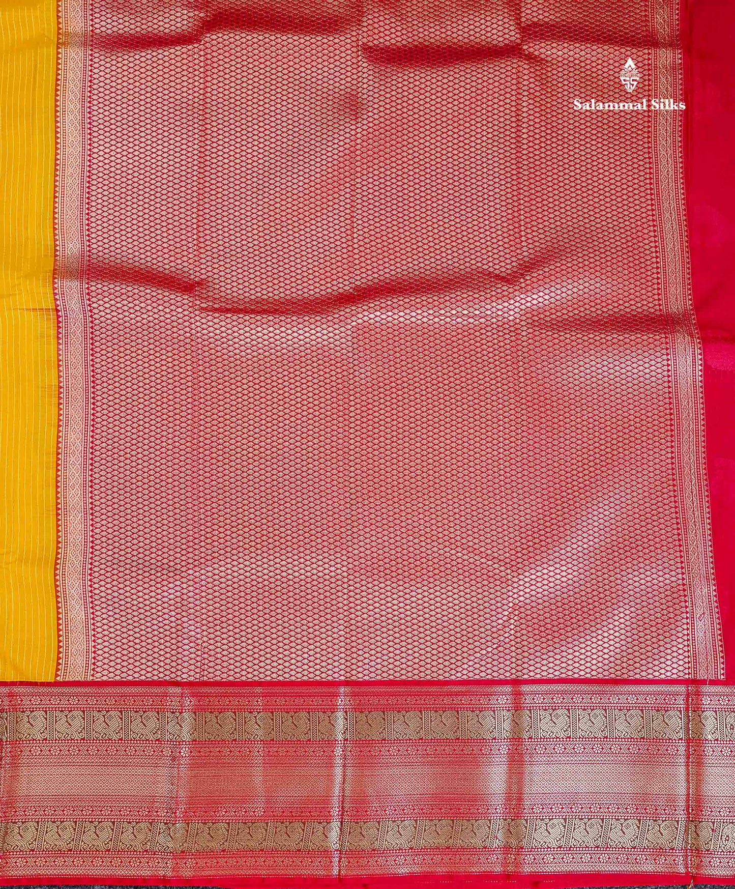 Semi Silk Saree - Mustard Yellow Mango Butta With Lines Along With Contrast Red Traditional Evening Morning Border