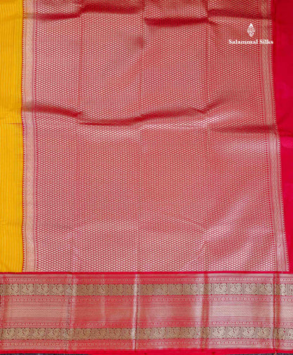 Semi Silk Saree - Mustard Yellow Mango Butta With Lines Along With Contrast Red Traditional Evening Morning Border