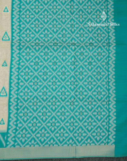 Elegant Cream Sandal Ikkat Style Cotton Mix Saree With Contrast Peacock Blue Border