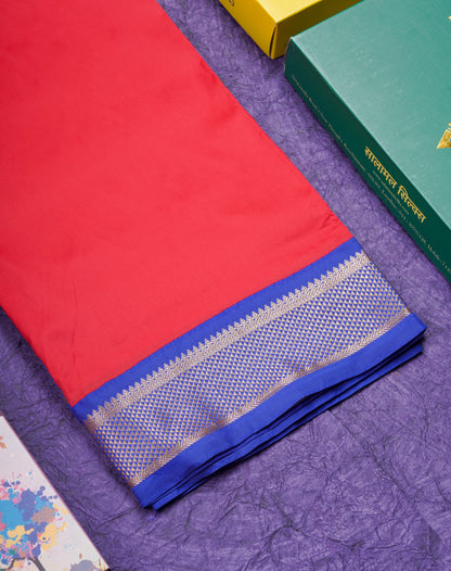 9 Yards Semi Silk Saree Chilly Red with Contrast Royal Blue Border