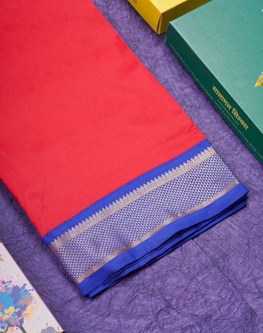9 Yards Semi Silk Saree Chilly Red with Contrast Royal Blue Border