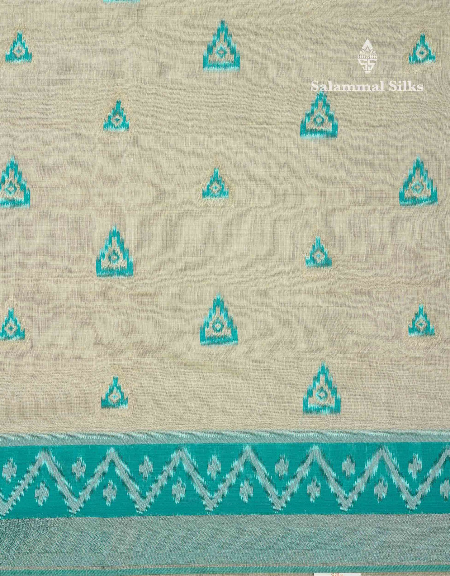 Elegant Cream Sandal Ikkat Style Cotton Mix Saree With Contrast Peacock Blue Border