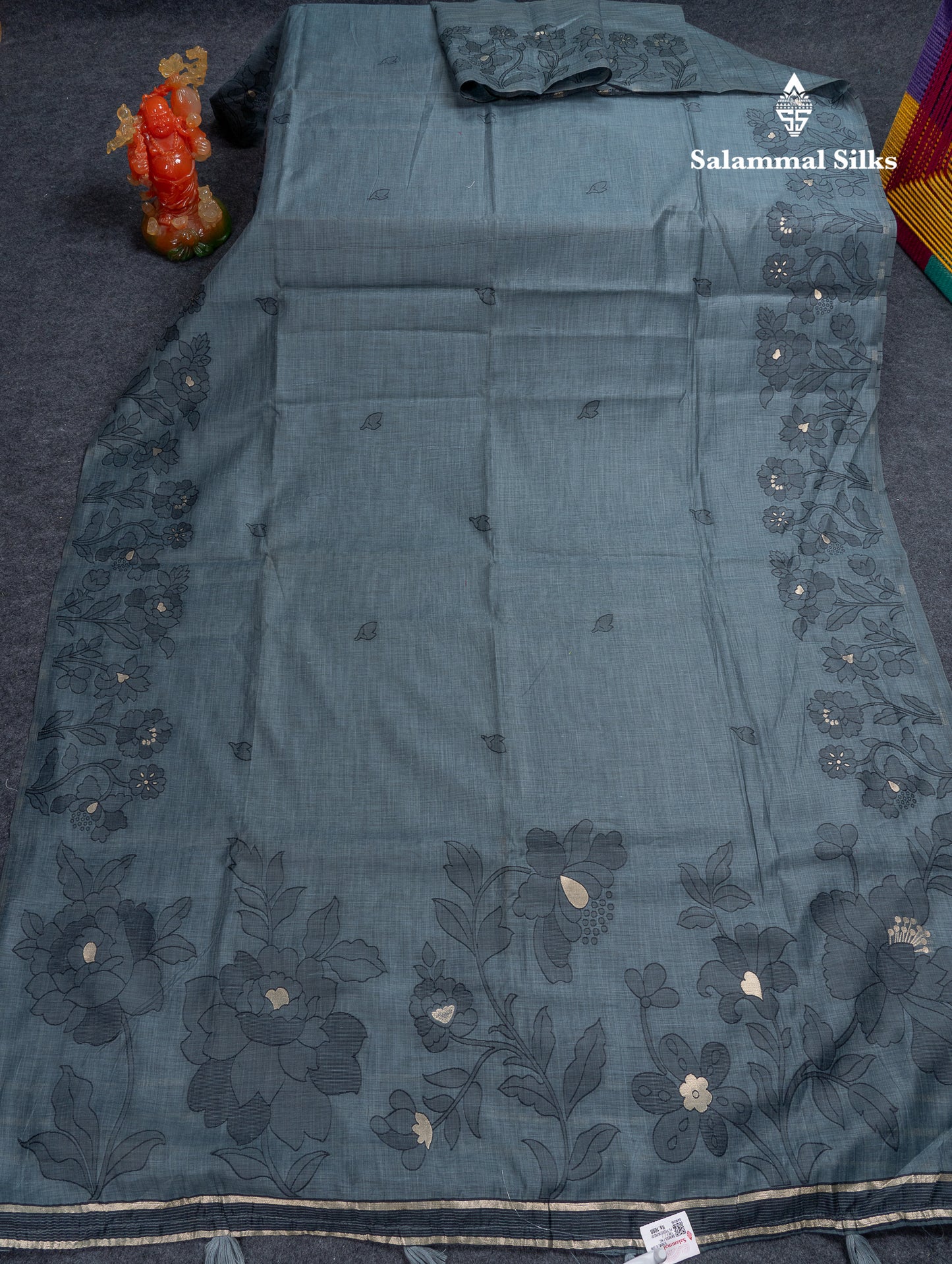 Beautiful Grey Mixed Cotton Fancy Saree With Blouse
