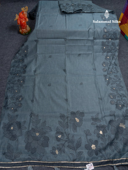 Beautiful Grey Mixed Cotton Fancy Saree With Blouse