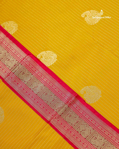 Semi Silk Saree - Mustard Yellow Mango Butta With Lines Along With Contrast Red Traditional Evening Morning Border