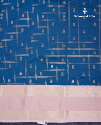 Beautiful Ramar Blue Checks With Butta Semi Silk Saree With Contrast Light Pink Traditional Rettapet Border