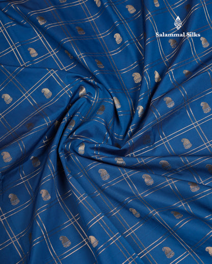 Beautiful Ramar Blue Checks With Butta Semi Silk Saree With Contrast Light Pink Traditional Rettapet Border
