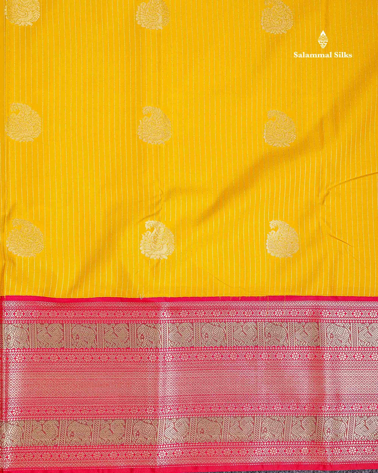 Semi Silk Saree - Mustard Yellow Mango Butta With Lines Along With Contrast Red Traditional Evening Morning Border