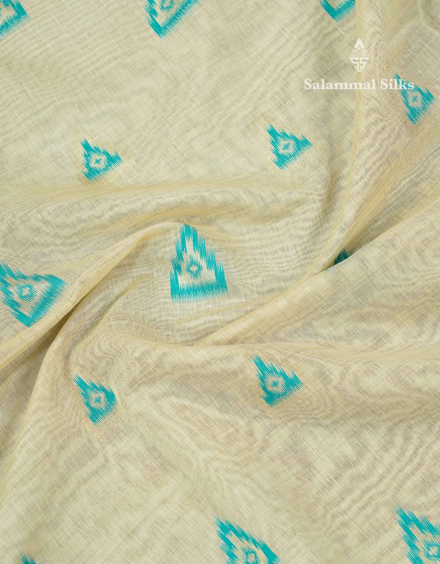 Elegant Cream Sandal Ikkat Style Cotton Mix Saree With Contrast Peacock Blue Border