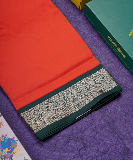 9 Yards Semi Silk Saree Reddish Orange with Contrast Bottle Green Border