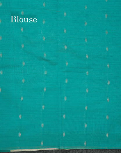 Elegant Cream Sandal Ikkat Style Cotton Mix Saree With Contrast Peacock Blue Border