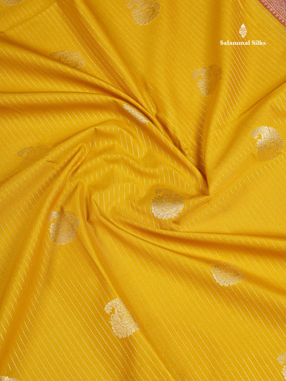 Semi Silk Saree - Mustard Yellow Mango Butta With Lines Along With Contrast Red Traditional Evening Morning Border