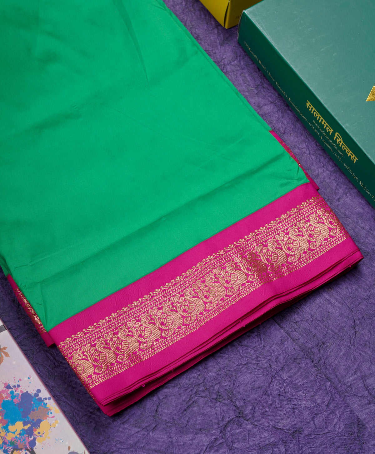 11 Yards Semi Silk Saree Green with Contrast Pink Border