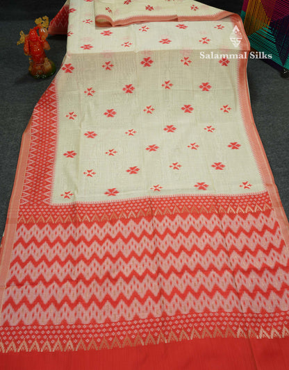Elegant Cream Sandal Ikkat Style Cotton Mix Saree With Contrast Peacock Blue Border