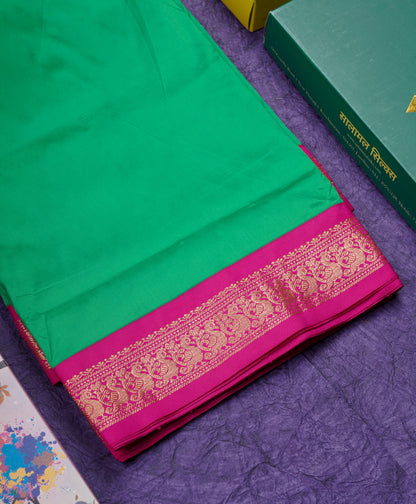 9.5 Yards Semi Silk Saree Bottle Green with Contrast Pink Border