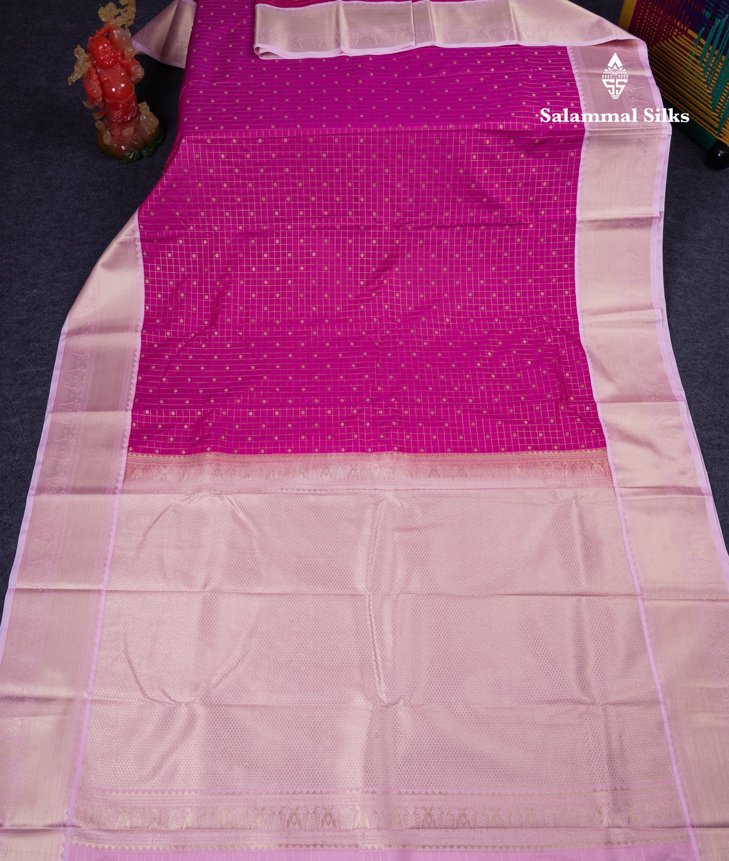 Beautiful Rani Pink Small Zari Checks With Butta Semi Silk Saree With Contrast Baby Pink Traditional Border