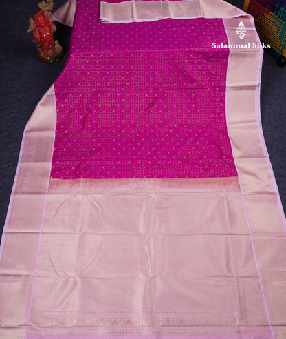Beautiful Rani Pink Small Zari Checks With Butta Semi Silk Saree With Contrast Baby Pink Traditional Border