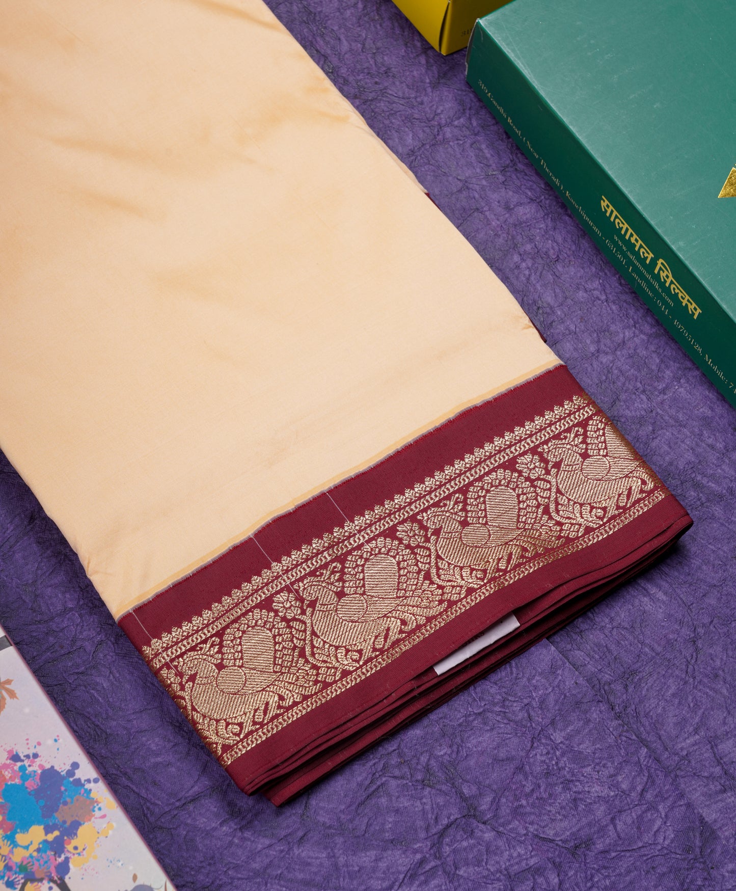 9 Yards Semi Silk Saree Sandal with Contrast Maroon Border