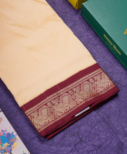 9 Yards Semi Silk Saree Sandal with Contrast Maroon Border