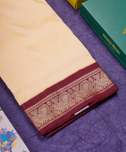 9 Yards Semi Silk Saree Sandal with Contrast Maroon Border