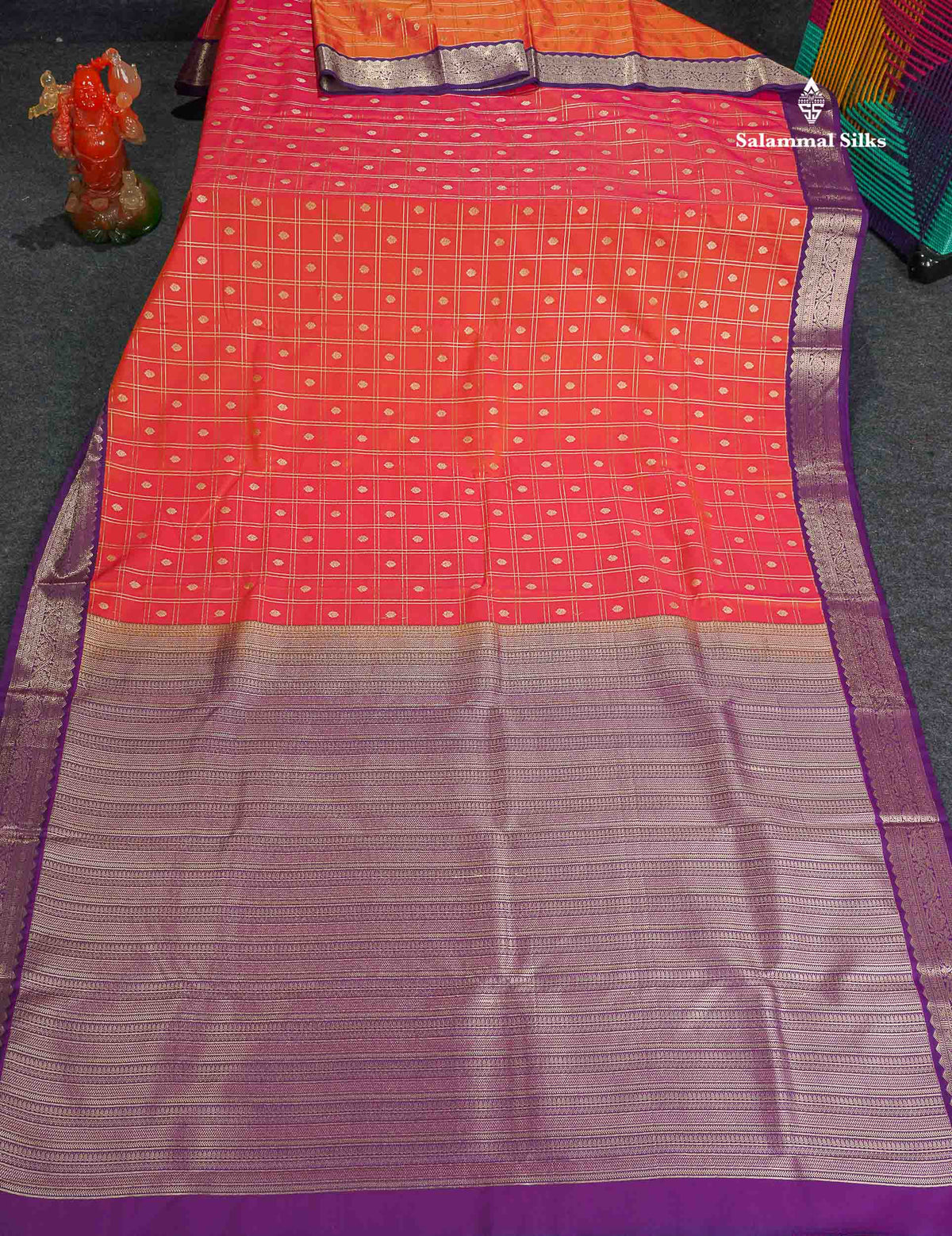 Semi Silk Saree - Pinkish Peach Colour Body Checks With Butta & Contrast Purple Border