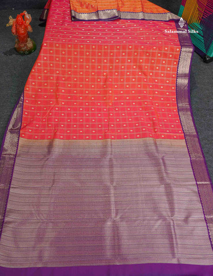 Semi Silk Saree - Pinkish Peach Colour Body Checks With Butta & Contrast Purple Border