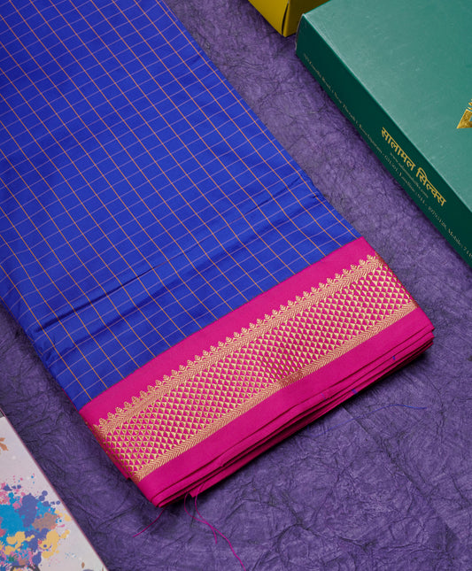 9 Yards Semi Silk Saree Small Checks Violet with Contrast Pink Border