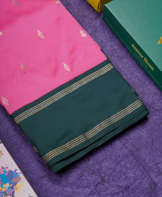 9 Yards Semi Silk Saree Pink with Contrast Bottle Green Traditional Gap Border