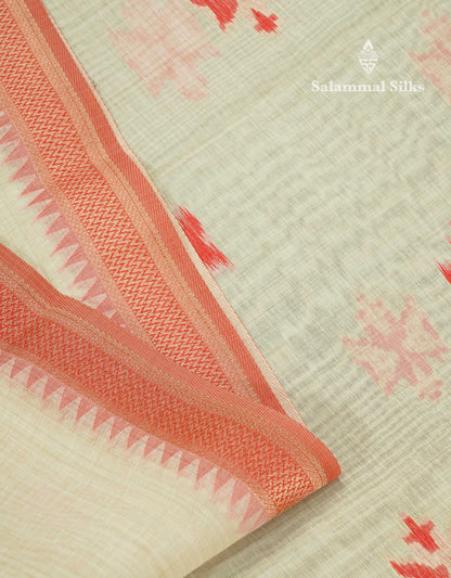 Elegant Cream Sandal Ikkat Style Cotton Mix Saree With Contrast Peacock Blue Border