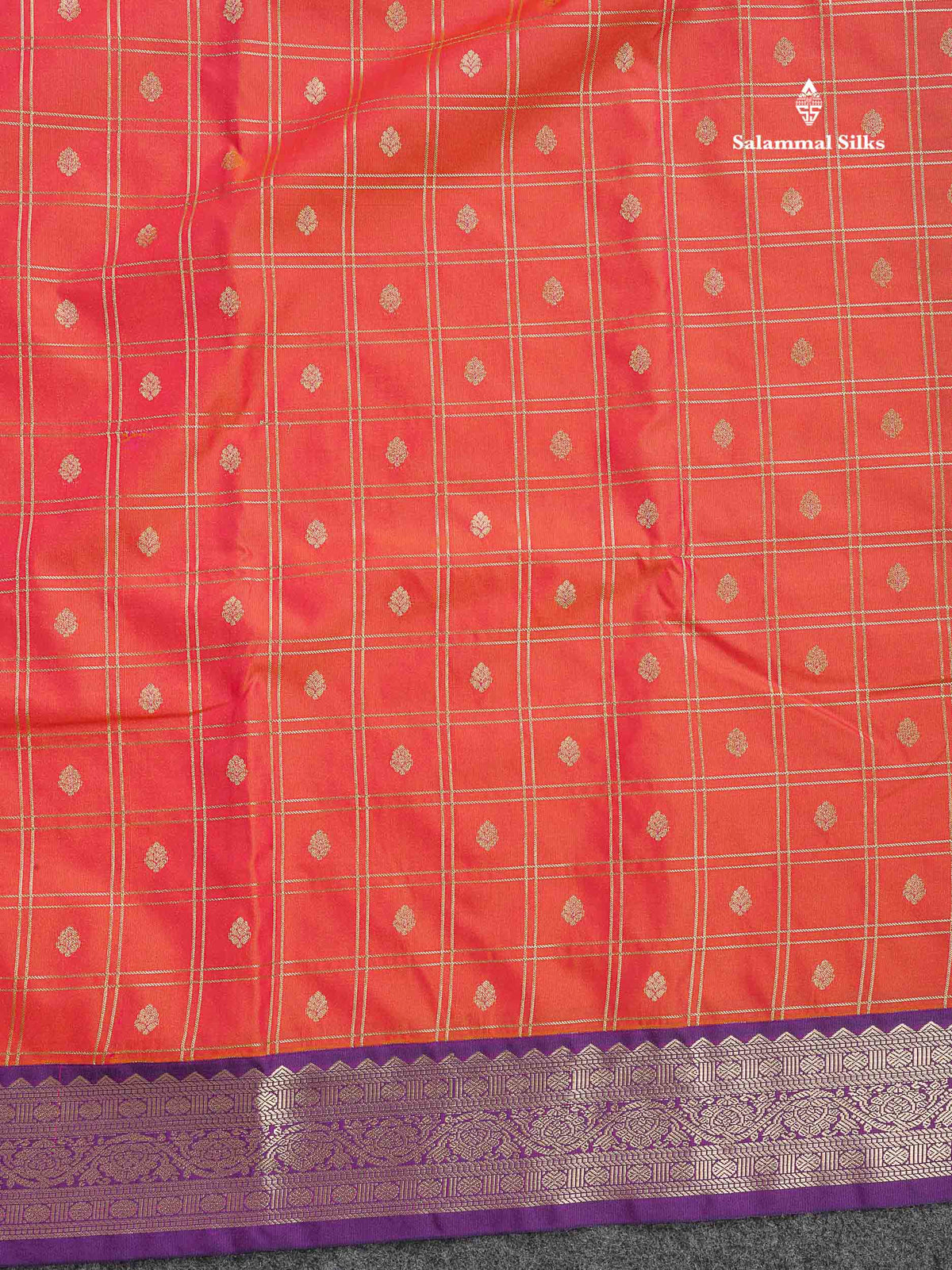 Semi Silk Saree - Pinkish Peach Colour Body Checks With Butta & Contrast Purple Border