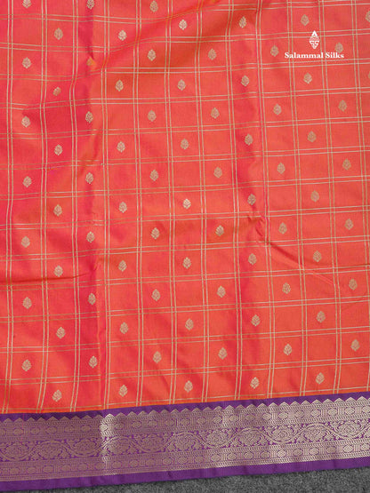 Semi Silk Saree - Pinkish Peach Colour Body Checks With Butta & Contrast Purple Border