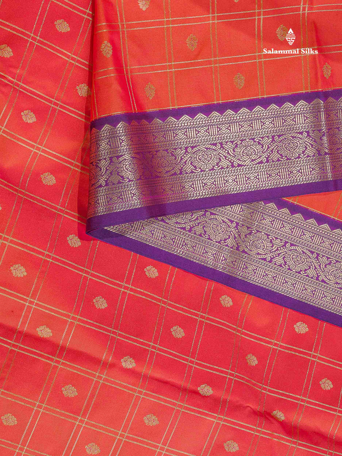 Semi Silk Saree - Pinkish Peach Colour Body Checks With Butta & Contrast Purple Border