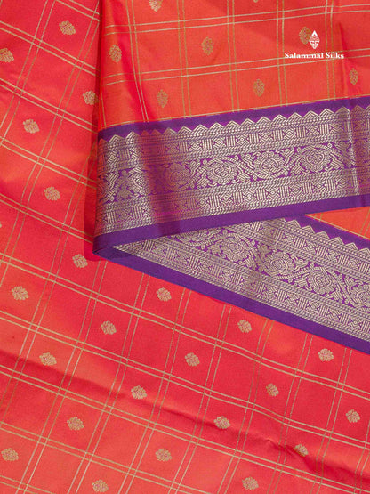 Semi Silk Saree - Pinkish Peach Colour Body Checks With Butta & Contrast Purple Border