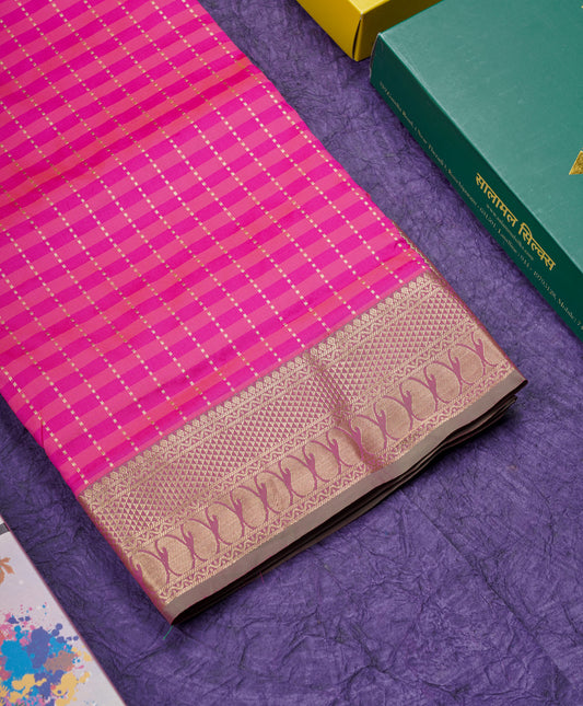 9 Yards Semi Silk Saree Pink & Light Pink with Light Green Border