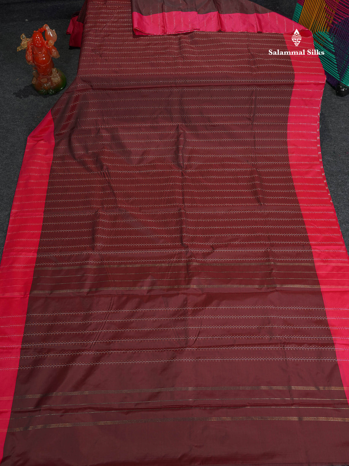 Semi Silk Saree - Brown Colour Body Wave Lines With & Contrast Pink Border