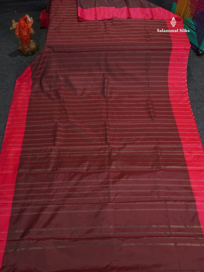 Semi Silk Saree - Brown Colour Body Wave Lines With & Contrast Pink Border