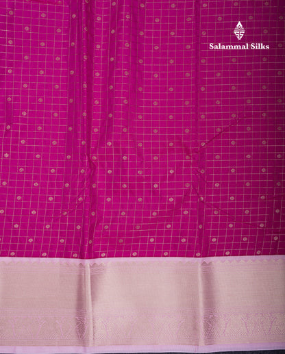Beautiful Rani Pink Small Zari Checks With Butta Semi Silk Saree With Contrast Baby Pink Traditional Border